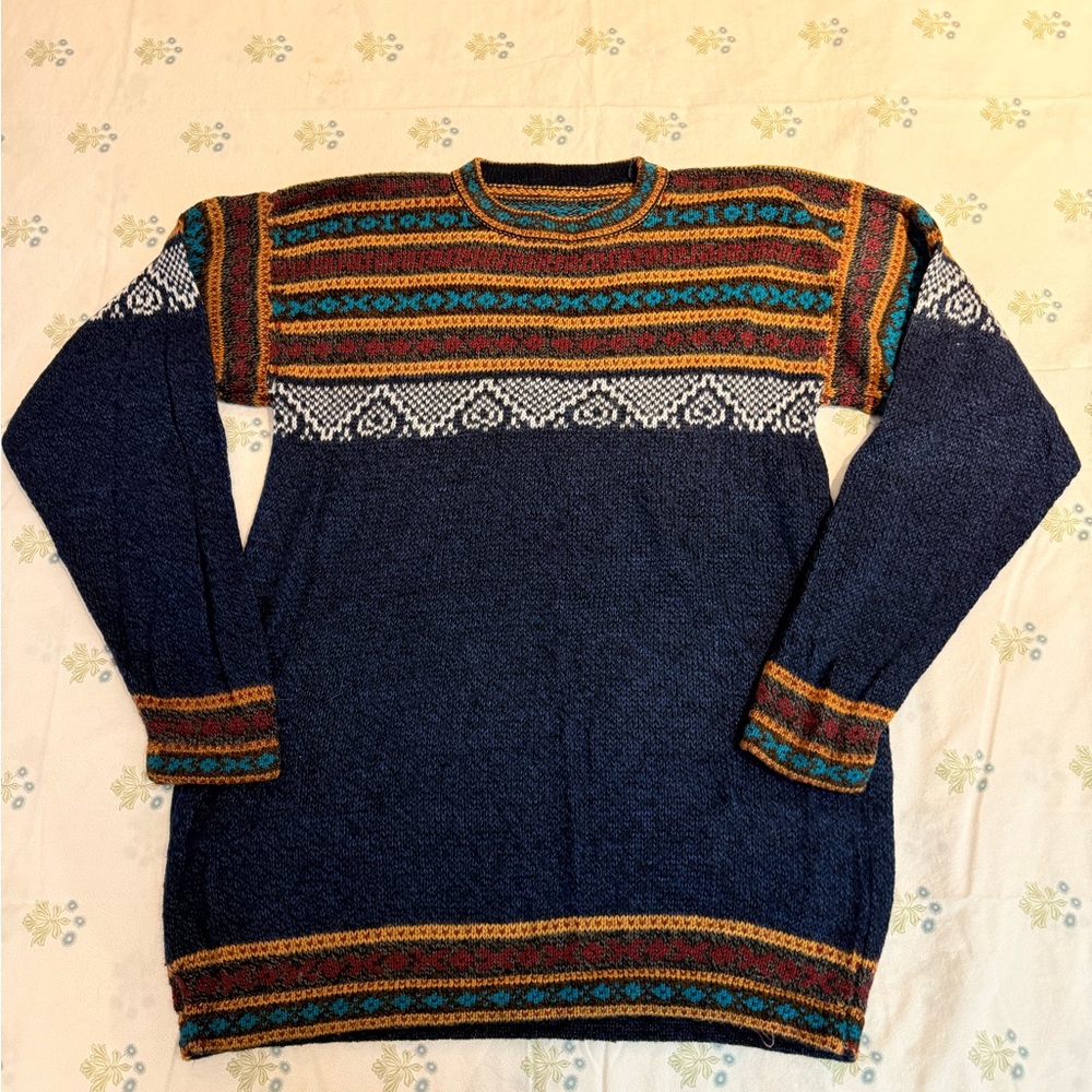 Peruvian Sweater Mens Warm Cozy Soft Handmade Navy Blue crew neck no size tag